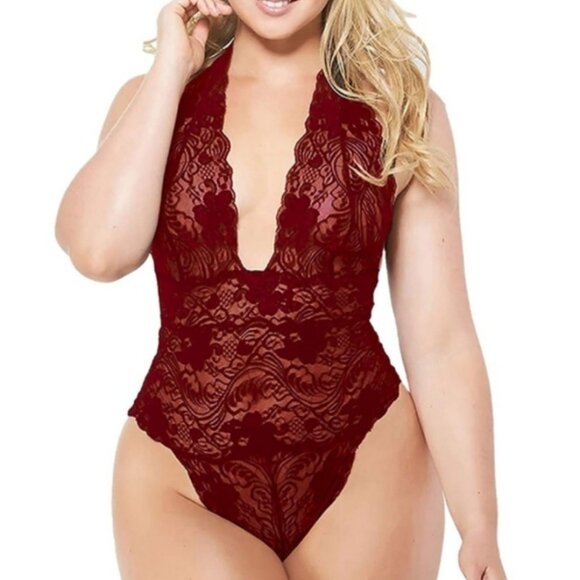 Lace Plunge Halter Teddy - Picture 1 of 7
